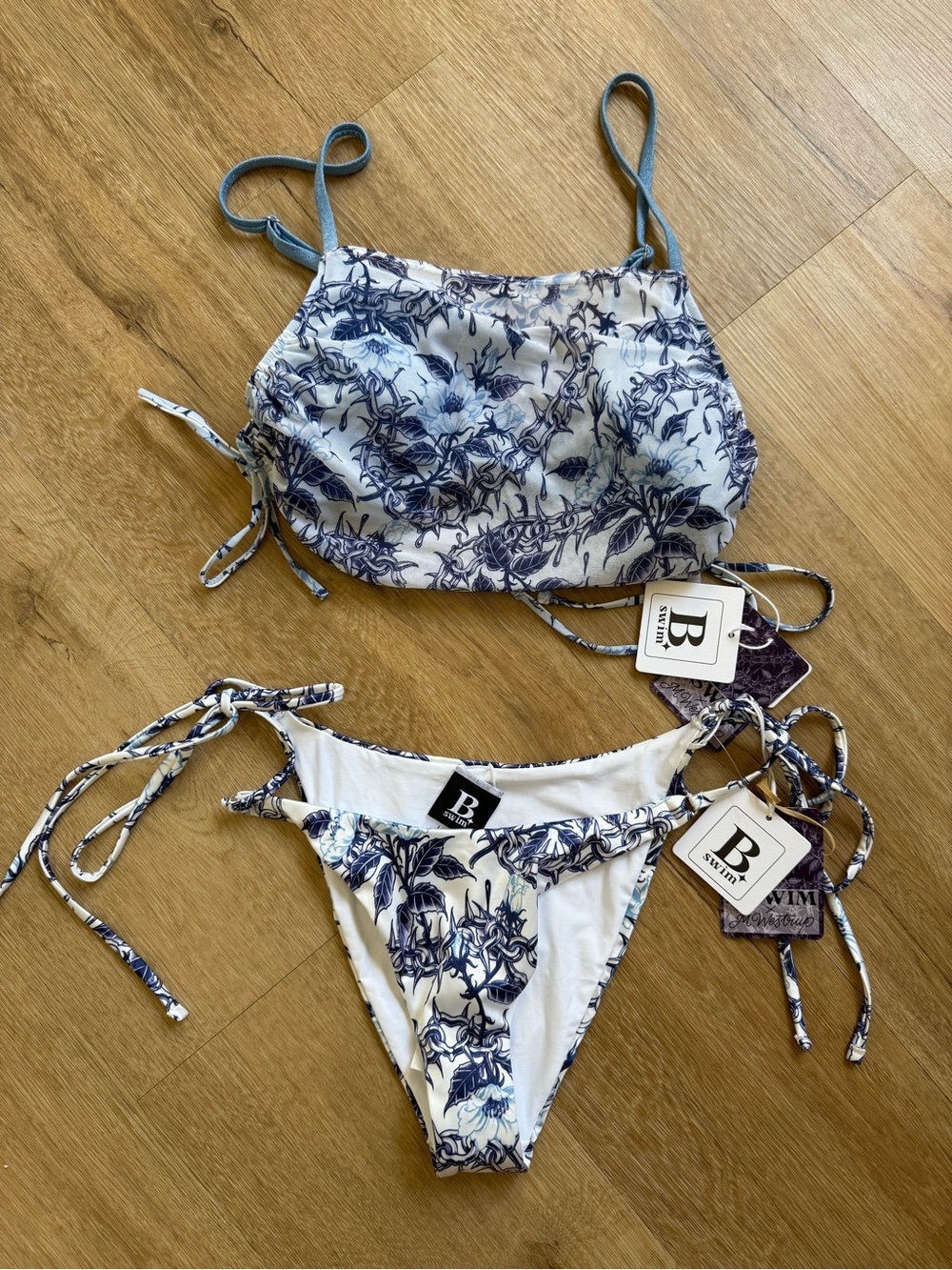 B. Swim White and Blue Floral Tie-Side Bikini Set